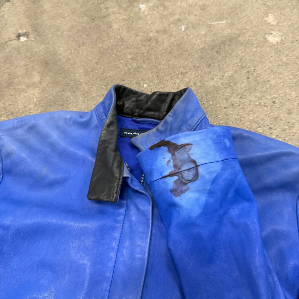 Vintage Ralph Lauren Golf Genuine Leather Jacket Blue Full Zip Lined Women Small - Picture 2 of 8